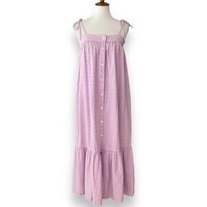 MDS Stripes Lavender Button Front Tie Straps Flounce Hem Eyelet Midi Dress Sz 8